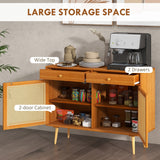 English Elm Storage Cabinet, Boho Kitchen Cabinet With 2 Drawers, Adjustable Shelf, Rattan Doors and Wooden Legs, Accent Cabinet For Living Room, Light Brown