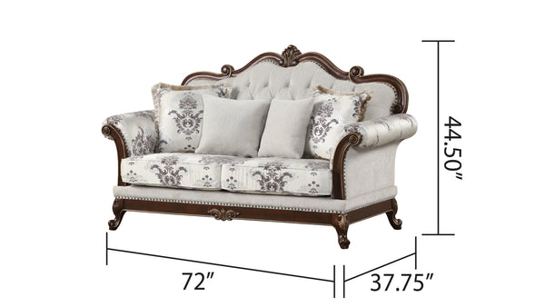 English Elm Gloria Royal Traditional 5PC Living Room Set in Ivory with Button Tufting, Floral Upholstery & Cherry Tables B009S01333