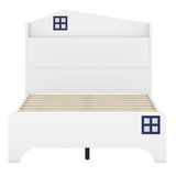 English Elm Wooden Twin Size House Bed With Storage Headboard ,Kids Bed With Storage Shelf, White