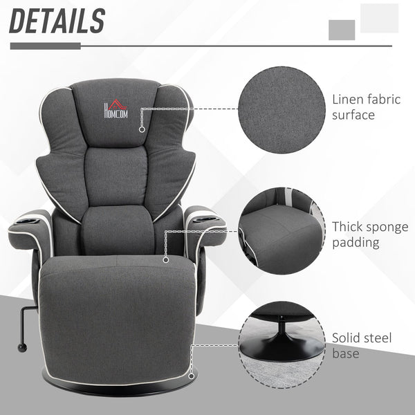 English Elm Manual Linen Recliner Swivel Chair with Footrest, 150° Recline, 360° Rotation, Dual Cup Holders, Black W2225141479