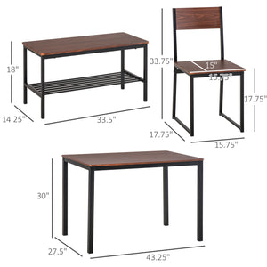 English Elm Industrial Rustic Brown 4-Piece Dining Set with Bench & Under-Seat Storage Rack, Space-Saving MDF Steel Frame W2225141222