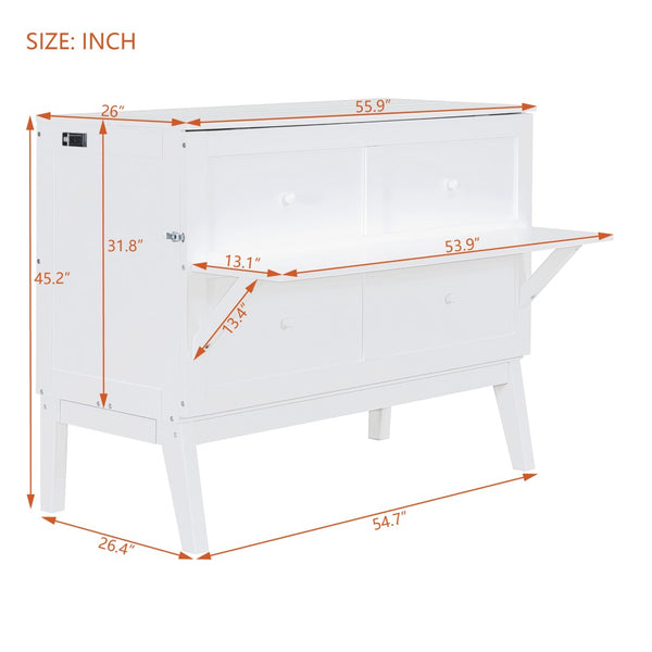 English Elm Full Size Murphy Wall Bed with Usb Charging Removable Shelves Pine Cabinet White LP001660AAK