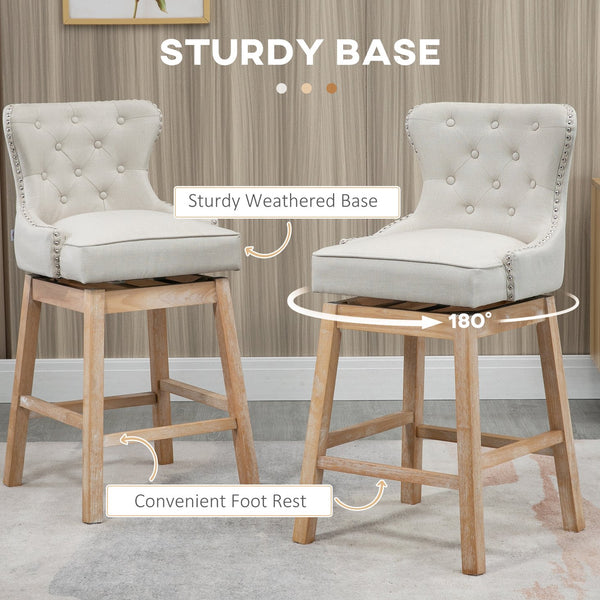English Elm Upholstered Cream Bar Stools Set of 2 – 30" Seat Height, 180° Swivel, Nailhead Trim, Rubberwood Legs W2225141467