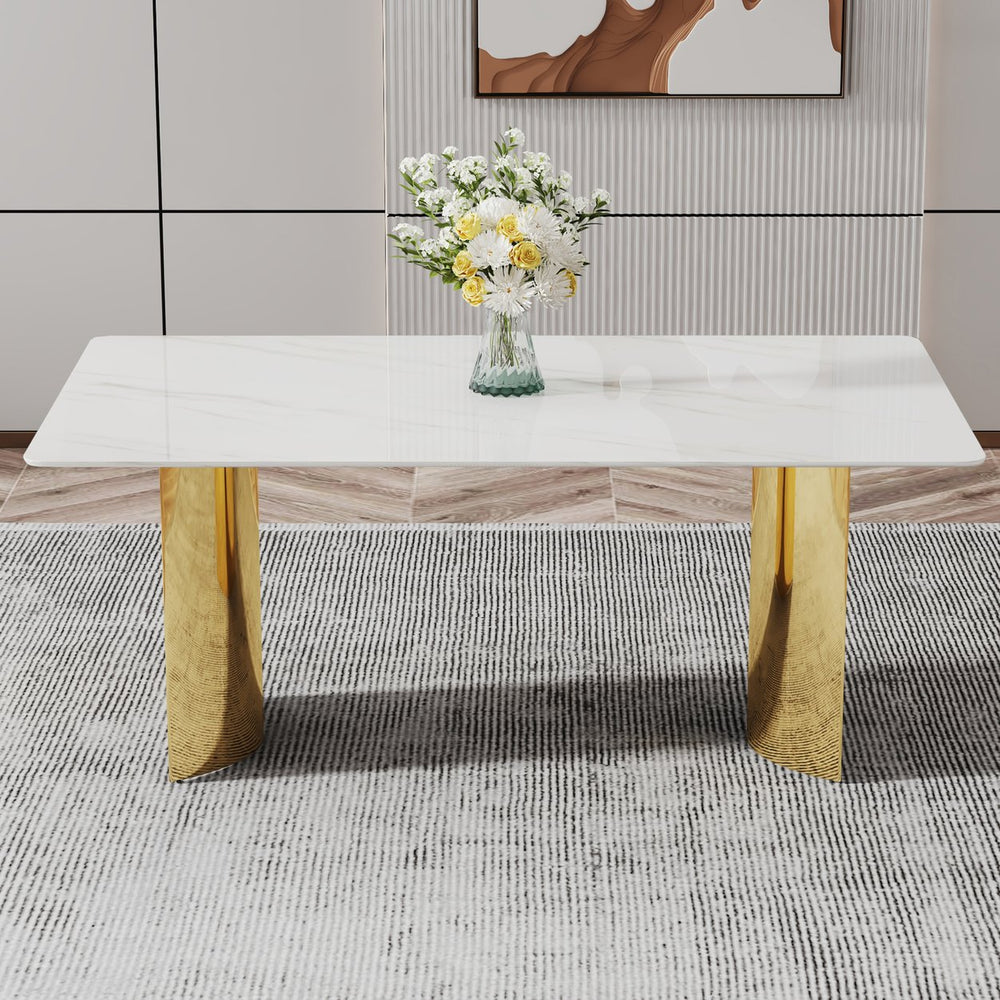 English Elm Modern Minimalist Dining Table With White Imitation Marble Top & Gold Metal Legs - 71" X 39" W1151S04320