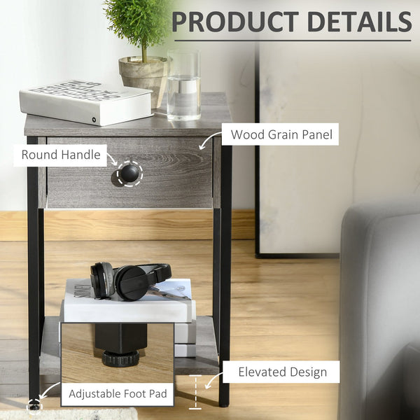 English Elm Industrial End Table with Drawer & Open Shelf, Grey Wood Grain Top, Black Metal Frame, 66lb Capacity, Compact Accent Table for Living Room or Bedroom (15.75"x15.75"x21.75") W2225141480
