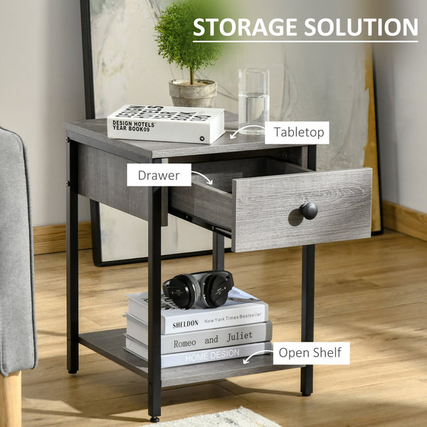 English Elm Industrial End Table with Drawer & Open Shelf, Grey Wood Grain Top, Black Metal Frame, 66lb Capacity, Compact Accent Table for Living Room or Bedroom (15.75"x15.75"x21.75") W2225141480