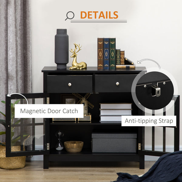 English Elm Sideboard Elegant Black Buffet Cabinet with Glass Doors, Adjustable Shelf, 2 Drawers & Anti-Tip Safety W2225141471