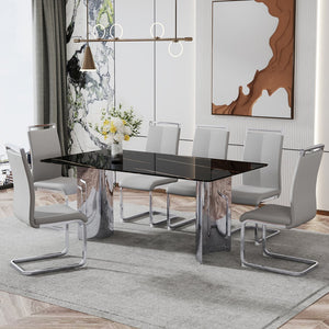 English Elm Modern Minimalist Dining Table - Sleek Black Faux-Marble Glass Top With Polished Silver Metal Legs, 71" W1151S00581