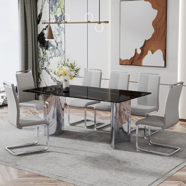 English Elm Modern Minimalist Dining Table - Sleek Black Faux-Marble Glass Top With Polished Silver Metal Legs, 71" W1151S00581