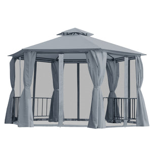 English Elm 13' x 13' Patio Gazebo Hexagon Double-Tier Outdoor Canopy with Mesh Netting & Privacy Curtains, Sturdy Steel Frame for Garden, Lawn, Backyard, Deck, Weather-Resistant Protection Gray W2225S00008