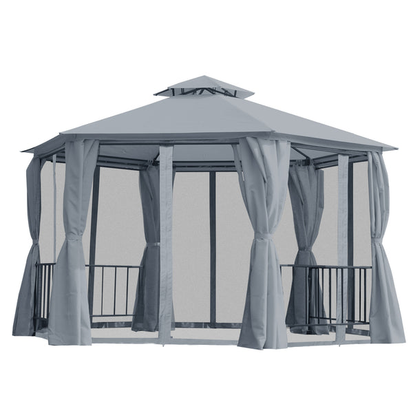 English Elm 13' x 13' Patio Gazebo Hexagon Double-Tier Outdoor Canopy with Mesh Netting & Privacy Curtains, Sturdy Steel Frame for Garden, Lawn, Backyard, Deck, Weather-Resistant Protection Gray W2225S00008