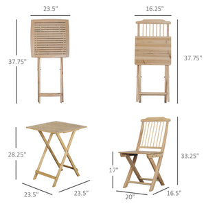 English Elm 3 Piece Patio Folding Bistro Set with Tie-On Cushions, Natural Pine Wood, Space-Saving Foldable Outdoor Seating for Balcony Garden Poolside W2225141373