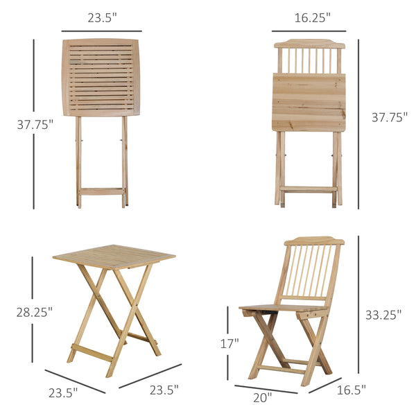 English Elm 3 Piece Patio Folding Bistro Set with Tie-On Cushions, Natural Pine Wood, Space-Saving Foldable Outdoor Seating for Balcony Garden Poolside W2225141373
