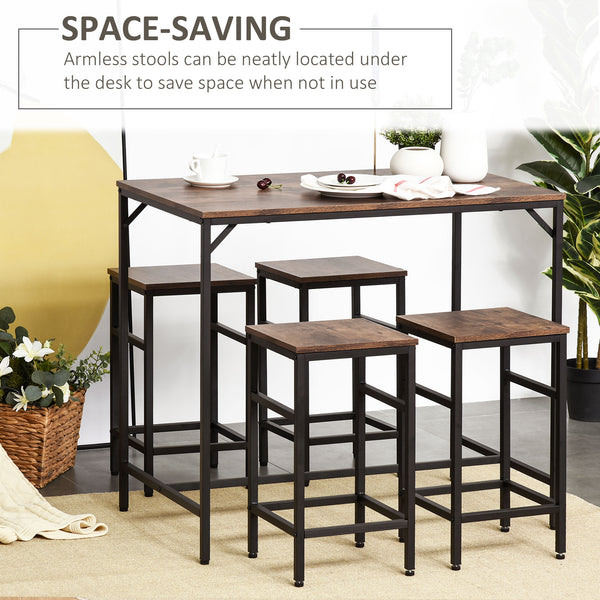 English Elm 5-Piece Industrial Dining Set with Bar Table & 4 Space-Saving Stools, Rustic Brown Wood/Steel Finish W2225141468