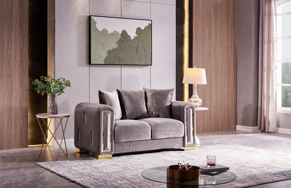 English Elm IMPREZA Opulent 3PC Velvet Living Room Set with Gold Birch Frame, Glamorous Metallic Accents and Comfort Grey B009S01946
