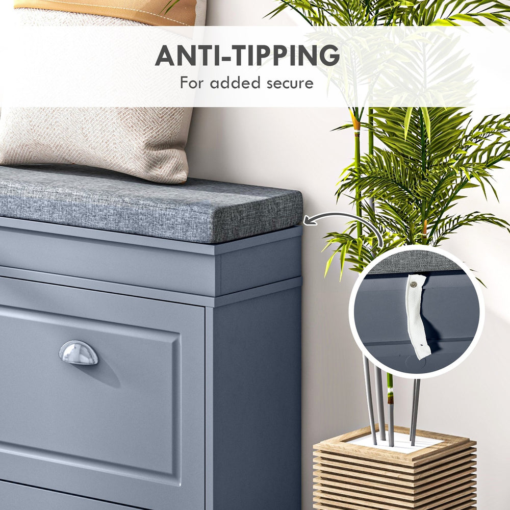 English Elm Modern Shoe Rack Bench with Cushioned Seat, 2 Drawers & Adjustable Shelves, Holds 8 Pairs, Gray W2225141476