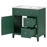 English Elm 30" Bathroom Vanity With Sink Top, Bathroom Vanity Cabinet With Door and Two Drawers, Solid Wood Frame, One Package, Green