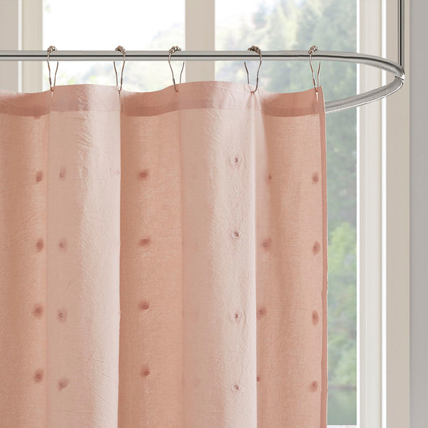 English Elm Brooklyn Cotton Yarn-Dyed Jacquard Pom Pom Shower Curtain 70x72 Soft Pink OEKO-TEX Chic Texture B035129340