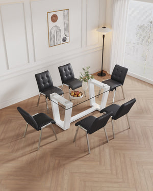 Hearth and Haven Table and Chair Set, Rectangular Dining Table, Equipped with 0.4 "Tempered Glass Tabletop and White Mdf Trapezoidal Support, Paired with Lattice Armless High Back Dining Chairs (1 Table and 6 Chairs) W1151S00589