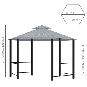 English Elm 13' x 13' Patio Gazebo Hexagon Double-Tier Outdoor Canopy with Mesh Netting & Privacy Curtains, Sturdy Steel Frame for Garden, Lawn, Backyard, Deck, Weather-Resistant Protection Gray W2225S00008