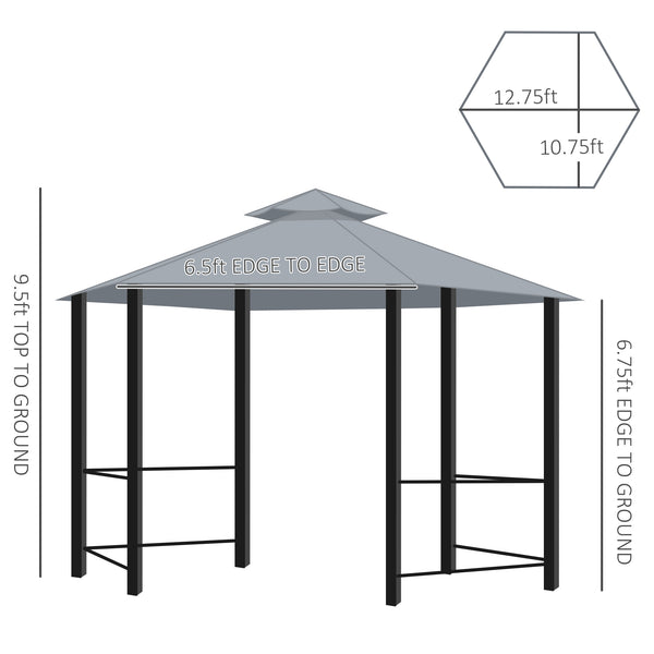 English Elm 13' x 13' Patio Gazebo Hexagon Double-Tier Outdoor Canopy with Mesh Netting & Privacy Curtains, Sturdy Steel Frame for Garden, Lawn, Backyard, Deck, Weather-Resistant Protection Gray W2225S00008