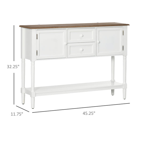 English Elm Console Vintage Entryway Console Table with 2 Drawers, Cabinets & Bottom Shelf, Distressed White Accent W2225141243