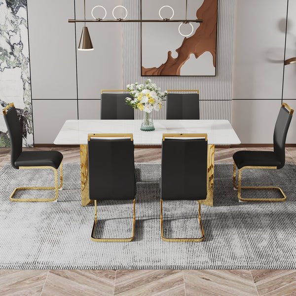 English Elm Modern Minimalist Dining Table With White Imitation Marble Top & Gold Metal Legs - 71" X 39" W1151S04320