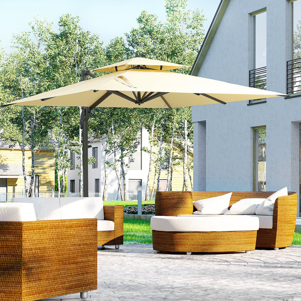 English Elm 10ft Offset Patio Umbrella with Crank & 360° Rotation, Square Cantilever Aluminum Frame, Water-Resistant Canopy Beige W2225141359