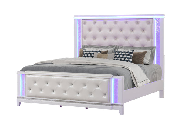 English Elm OPIUM Queen 5-Pc Bedroom Set in Milky White with LED Headboard, Mirror, Dresser, Nightstand, Chest B009S01219