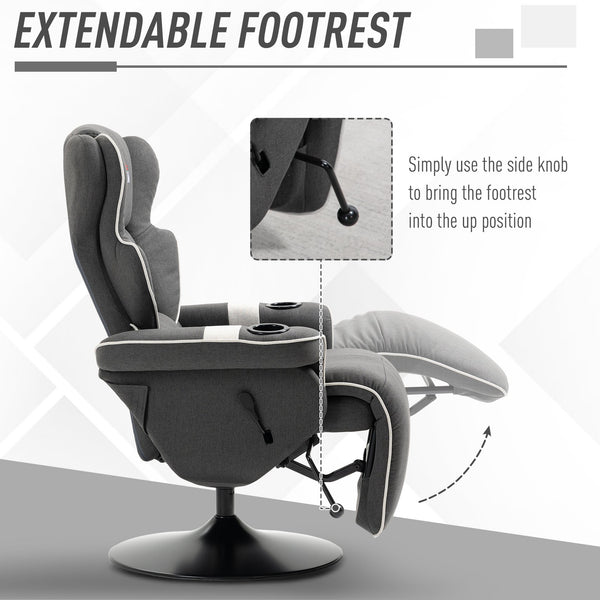 English Elm Manual Linen Recliner Swivel Chair with Footrest, 150° Recline, 360° Rotation, Dual Cup Holders, Black W2225141479
