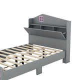 Hearth and Haven Wooden Twin Size House Bed with Storage Headboard , Kids Bed with Storage Shelf, Grey WF311841AAE