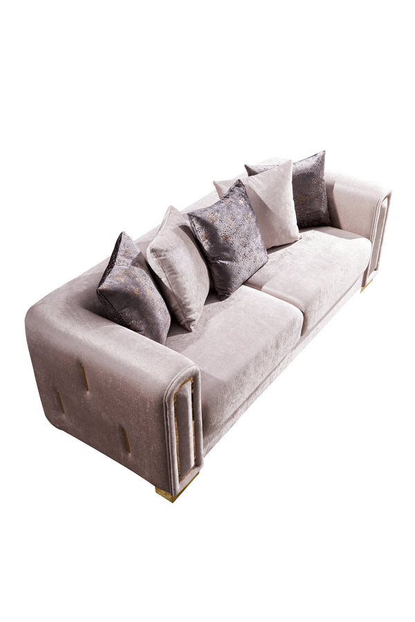 English Elm Impreza Plush Velvet Beige Sofa with Gold Birch Frame and Decorative Gold Accents for Luxury Living G150109217