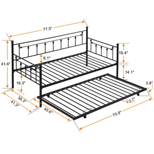 English Elm Daybed with Pull Out Trundle Matte Black Steel Frame for Kids or Guest Rooms W311128174