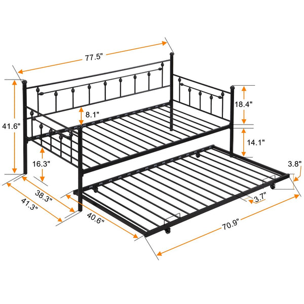 English Elm Daybed with Pull Out Trundle Matte Black Steel Frame for Kids or Guest Rooms W311128174
