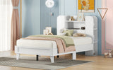 English Elm Twin Size Platform Bed With Storage Headboard,Multiple Storage Shelves On Both Sides,White