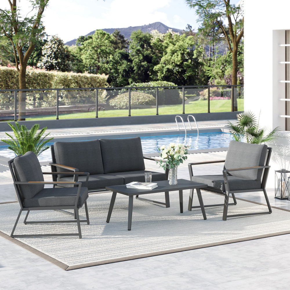English Elm 4 Piece Patio Furniture Set - Aluminum Conversation Sofa Set with Cushions, Wood-Trim Armrests, Gray, Durable Outdoor Seating & Table W2225141358