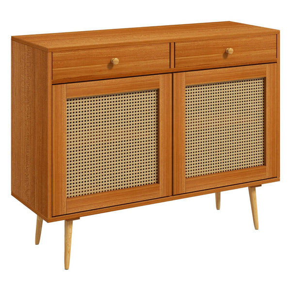English Elm Storage Boho Cabinet with Rattan Doors, 2 Drawers & Adjustable Shelf, Pine Legs Accent Sideboard W2225141478
