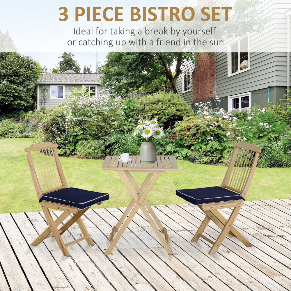 English Elm 3 Piece Patio Folding Bistro Set with Tie-On Cushions, Natural Pine Wood, Space-Saving Foldable Outdoor Seating for Balcony Garden Poolside W2225141373