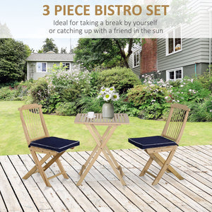 English Elm 3 Piece Patio Folding Bistro Set with Tie-On Cushions, Natural Pine Wood, Space-Saving Foldable Outdoor Seating for Balcony Garden Poolside W2225141373