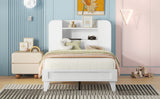 English Elm Twin Size Platform Bed With Storage Headboard,Multiple Storage Shelves On Both Sides,White