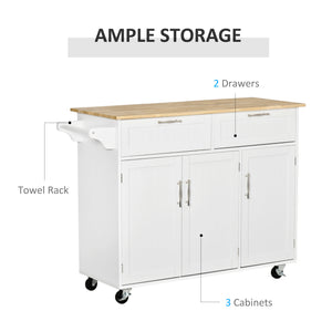 English Elm Mobile Kitchen Island Modern White Cart with Natural Wood Top, 3 Cabinets, 2 Drawers, Wheels, Rack W2225141453