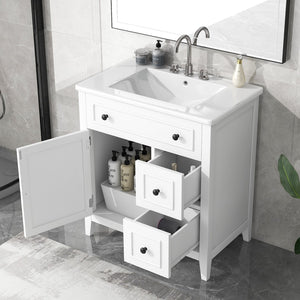 English Elm 30" Bathroom Vanity With Sink Top, Bathroom Vanity Cabinet With Door and Two Drawers, Solid Wood Frame, One Package, White (Old Sku:Wf311620Aak)