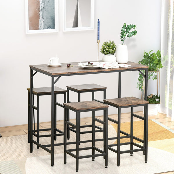 English Elm 5-Piece Industrial Dining Set with Bar Table & 4 Space-Saving Stools, Rustic Brown Wood/Steel Finish W2225141468