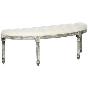 English Elm Semi-Circle Velvet Tufted End-of-Bed Bench, Vintage French Design, Off-White Upholstered Seat W2225141461