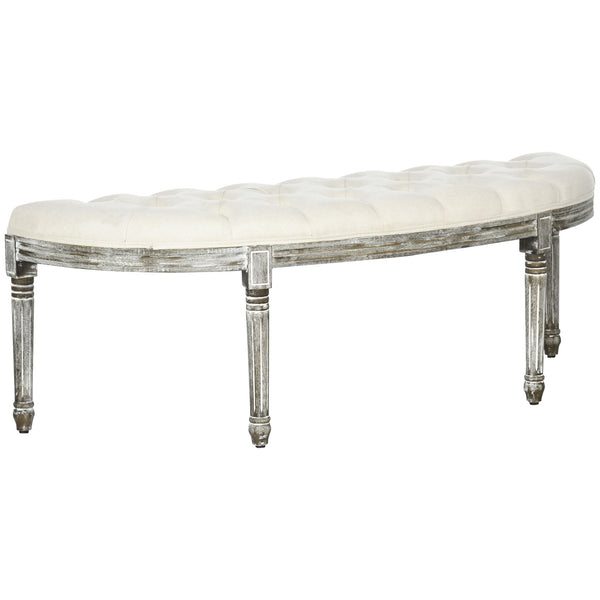 English Elm Semi-Circle Velvet Tufted End-of-Bed Bench, Vintage French Design, Off-White Upholstered Seat W2225141461