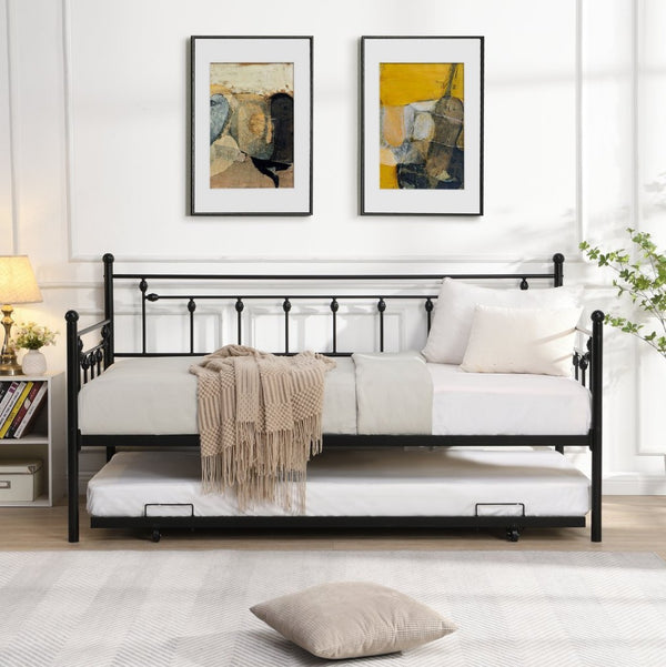 English Elm Daybed with Pull Out Trundle Matte Black Steel Frame for Kids or Guest Rooms W311128174