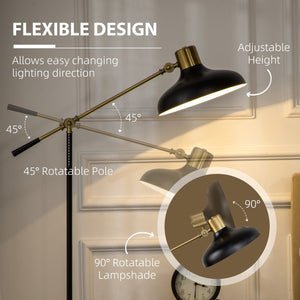 English Elm Adjustable Industrial Floor Lamp Black Gold – Rotatable Arm & Shade, Height Adjustable 48.8–65" W2225141496