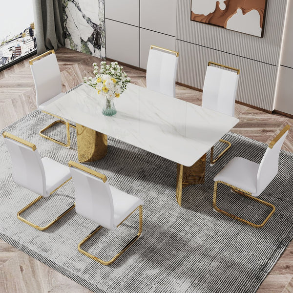 English Elm Modern Minimalist Dining Table With White Imitation Marble Top & Gold Metal Legs - 71" X 39" W1151S04320