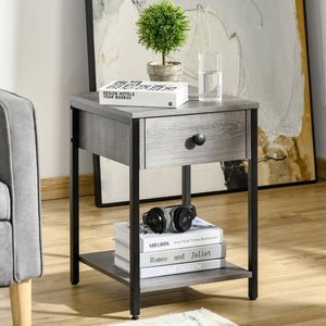 English Elm Industrial End Table with Drawer & Open Shelf, Grey Wood Grain Top, Black Metal Frame, 66lb Capacity, Compact Accent Table for Living Room or Bedroom (15.75"x15.75"x21.75") W2225141480