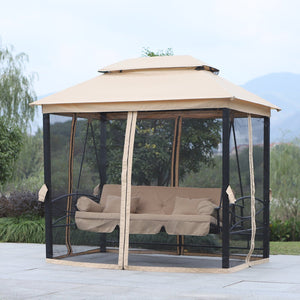 English Elm 3-Seat 3-in-1 Patio Swing Bed with Double-Tier Canopy, Mesh Netting, Cushions & 660lb Steel Frame W2225S00004